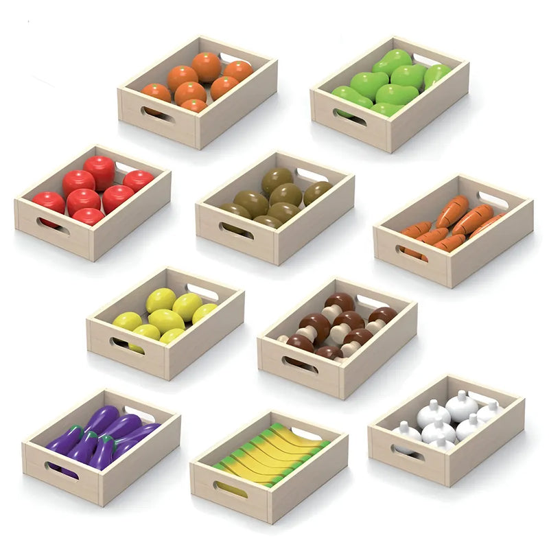 Viga Toys Set de 10 Boîtes Fruits & Légumes en Bois 3A+