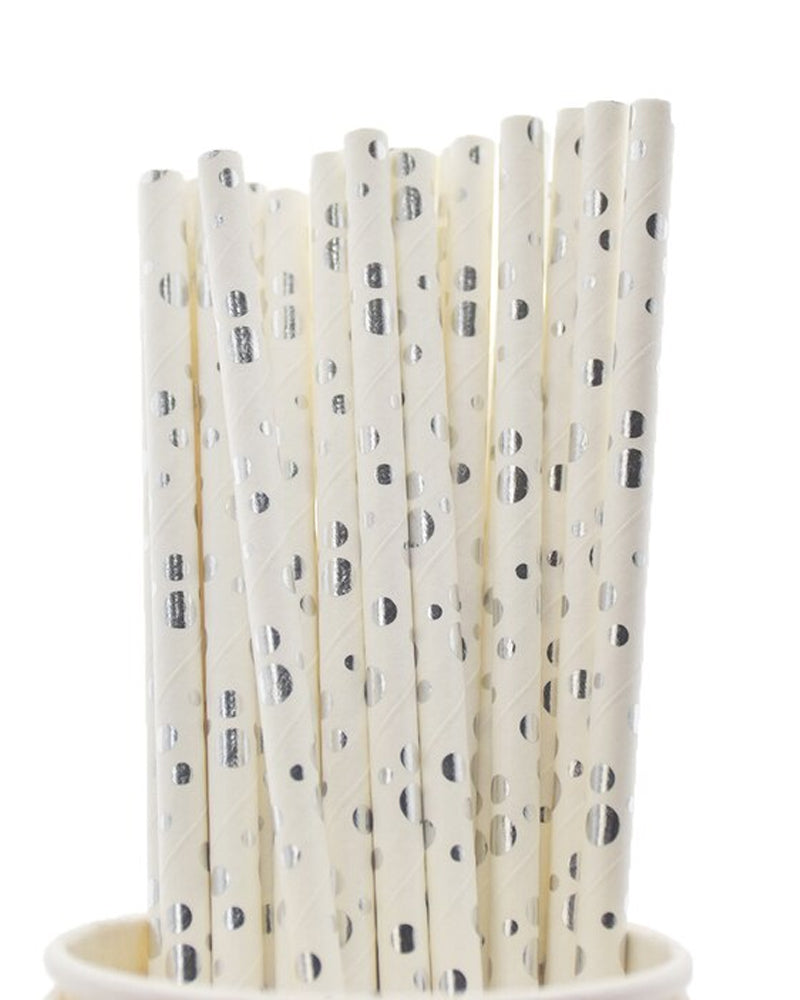 Set of 25 Disposable Paper Straws - White & Silver