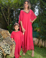 Gandoura en mousseline perlée à la main - Rose Fushia