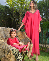 Gandoura en mousseline perlée à la main - Rose Fushia