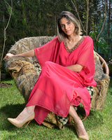 Gandoura en mousseline perlée à la main - Rose Fushia