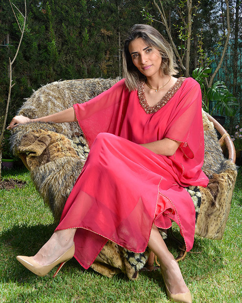 Gandoura en mousseline perlée à la main - Rose Fushia