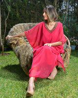 Gandoura en mousseline perlée à la main - Rose Fushia