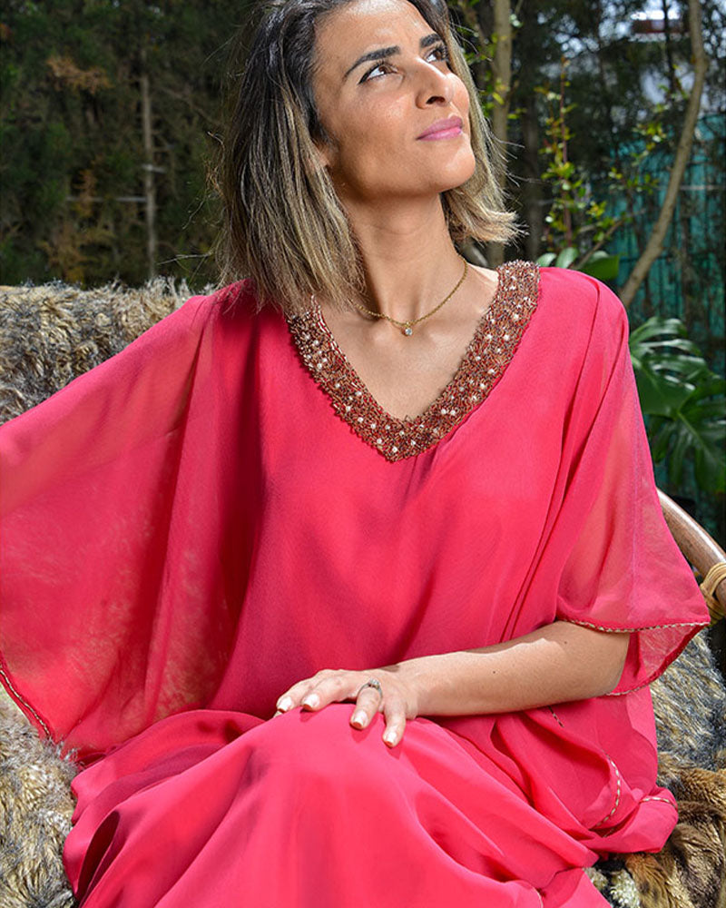 Gandoura en mousseline perlée à la main - Rose Fushia