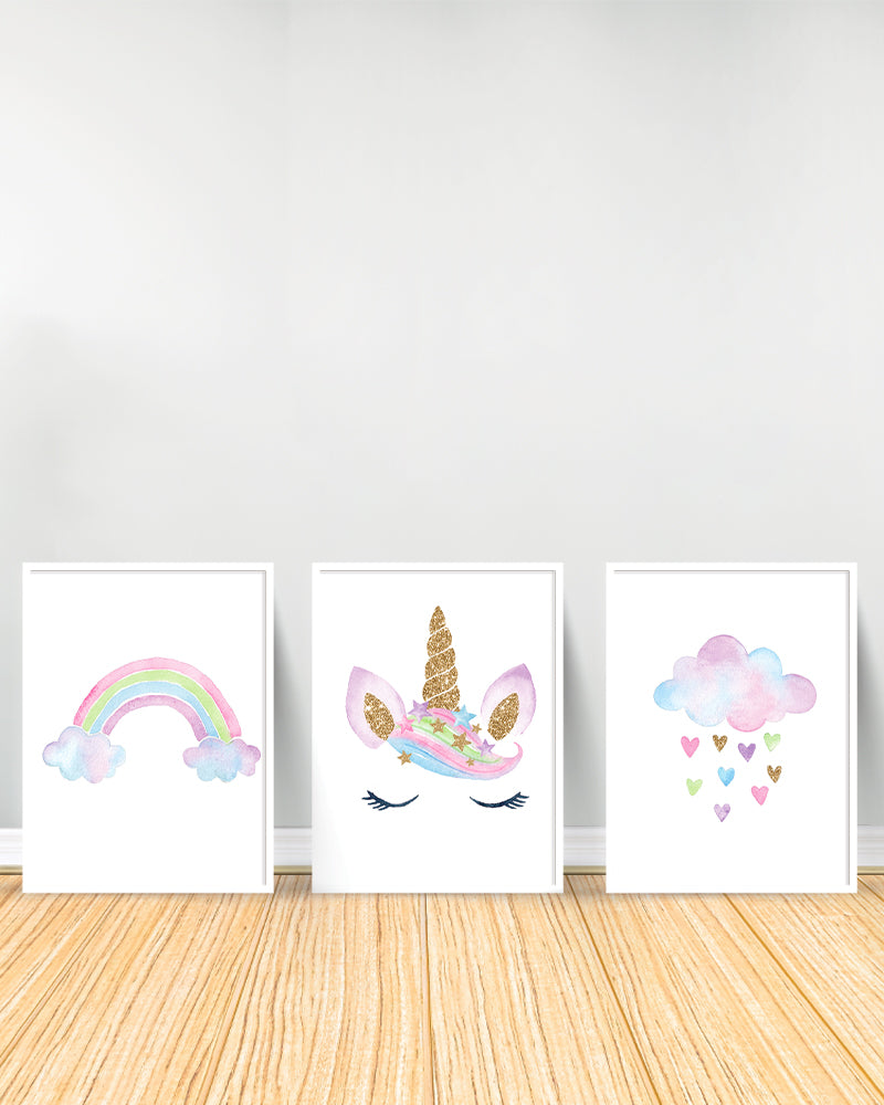 Ensemble de 3 Tableaux décoratifs - Arc-en-ciel | Licorne | Nuage - Blanc