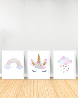 Ensemble de 3 Tableaux décoratifs - Arc-en-ciel | Licorne | Nuage - Blanc