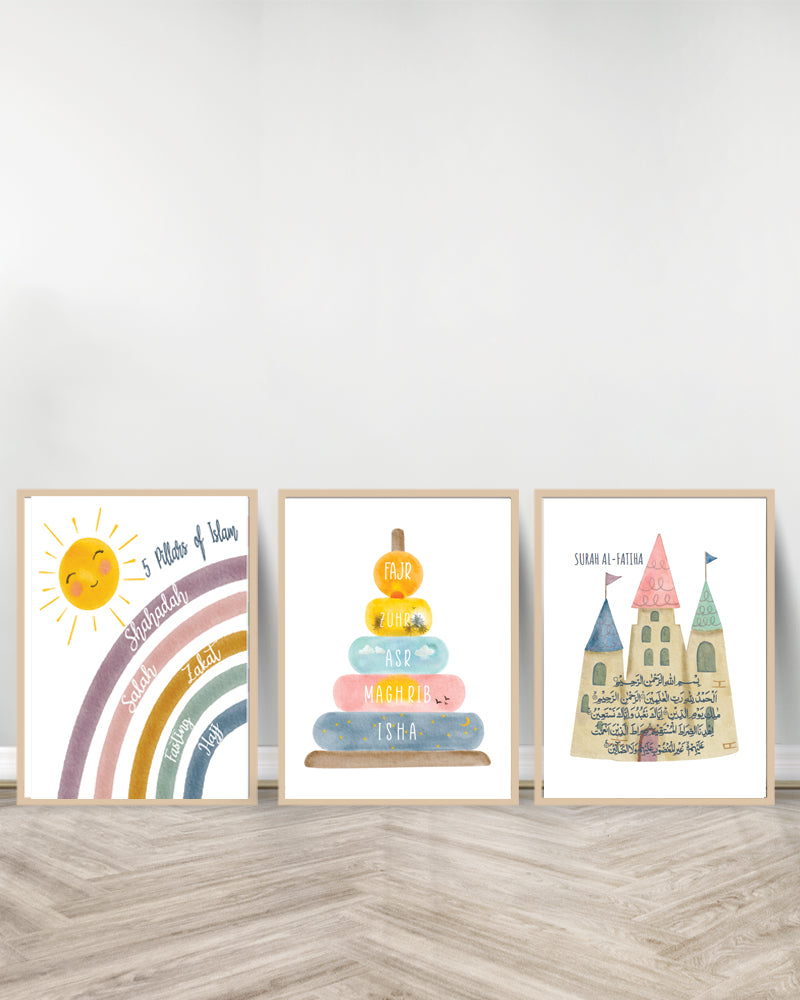 Set of 3 decorative paintings - Pillars of Islam | Salat | Fatiha - Wood