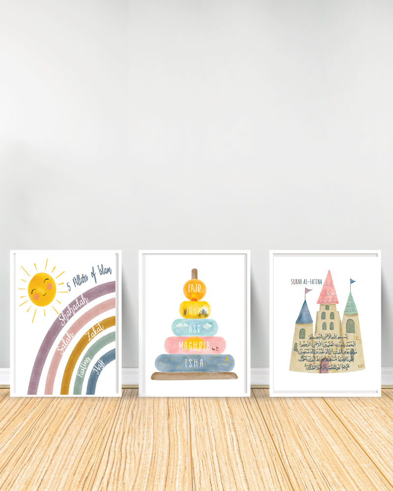 Set of 3 decorative paintings - Pillars of Islam | Salat | Fatiha - White