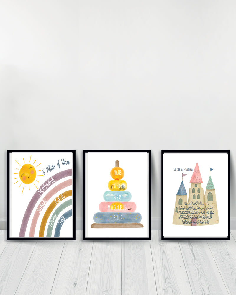 Set of 3 decorative paintings - Pillars of Islam | Salat | Fatiha - Black